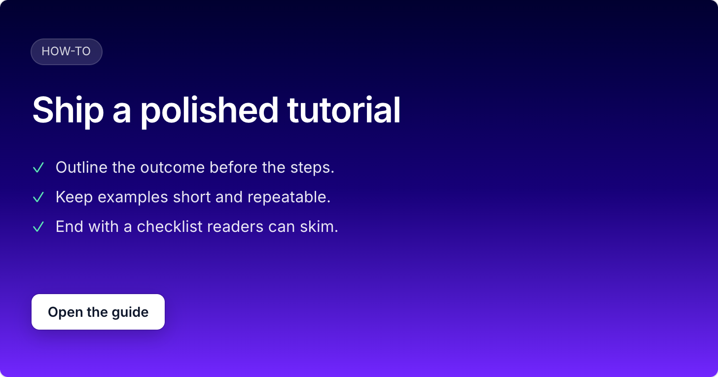 Tutorial Card template preview for Tutorials, guides, how-to content